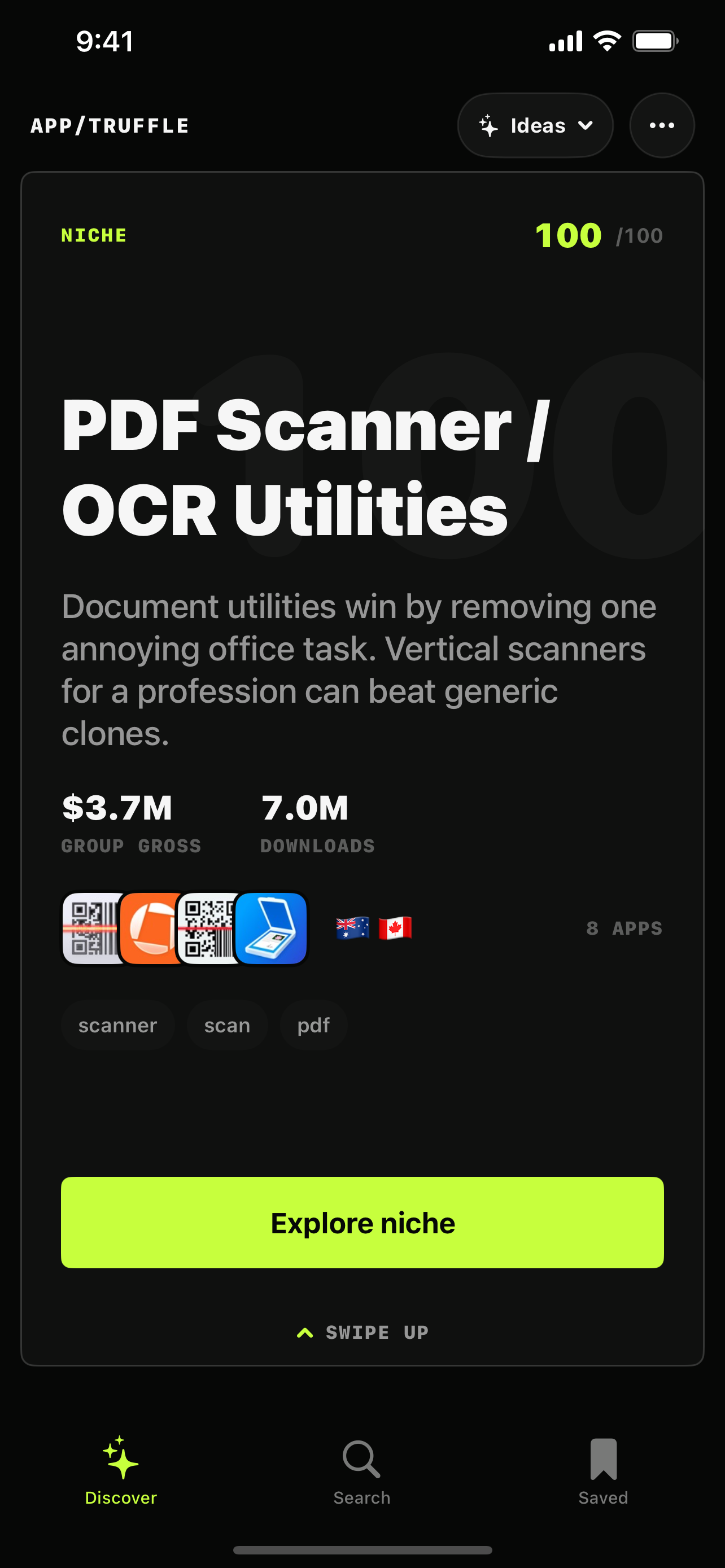 AppTruffle Discover feed showing an app opportunity card